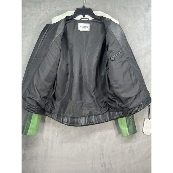 ICEBERG Leather Biker Jacket Size EU 44 Full Zip Men’s Jacket Green Black - Picture 12 of 16